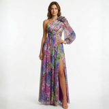 Robe Longue de Soirée Asymétrique Fleurie avec Manche Mousseline et Spacco