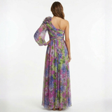 Robe Longue de Soirée Asymétrique Fleurie avec Manche Mousseline et Spacco