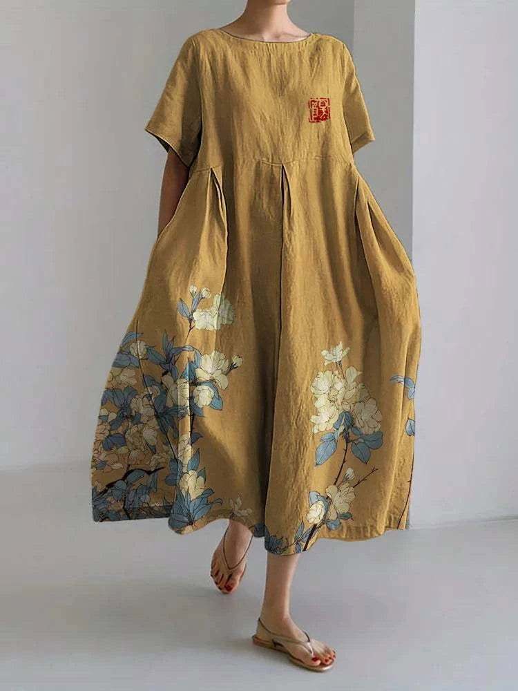 花夢 - 日本風花柄プリント リネンマキシドレス