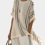 Raffaella – blouse en lin beige élégante et pantalon à rayures noires