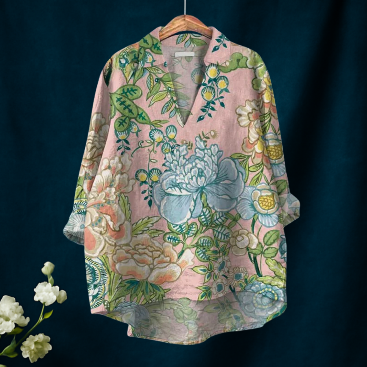 Vintage Floral Art Print Casual  V-neck Shirt